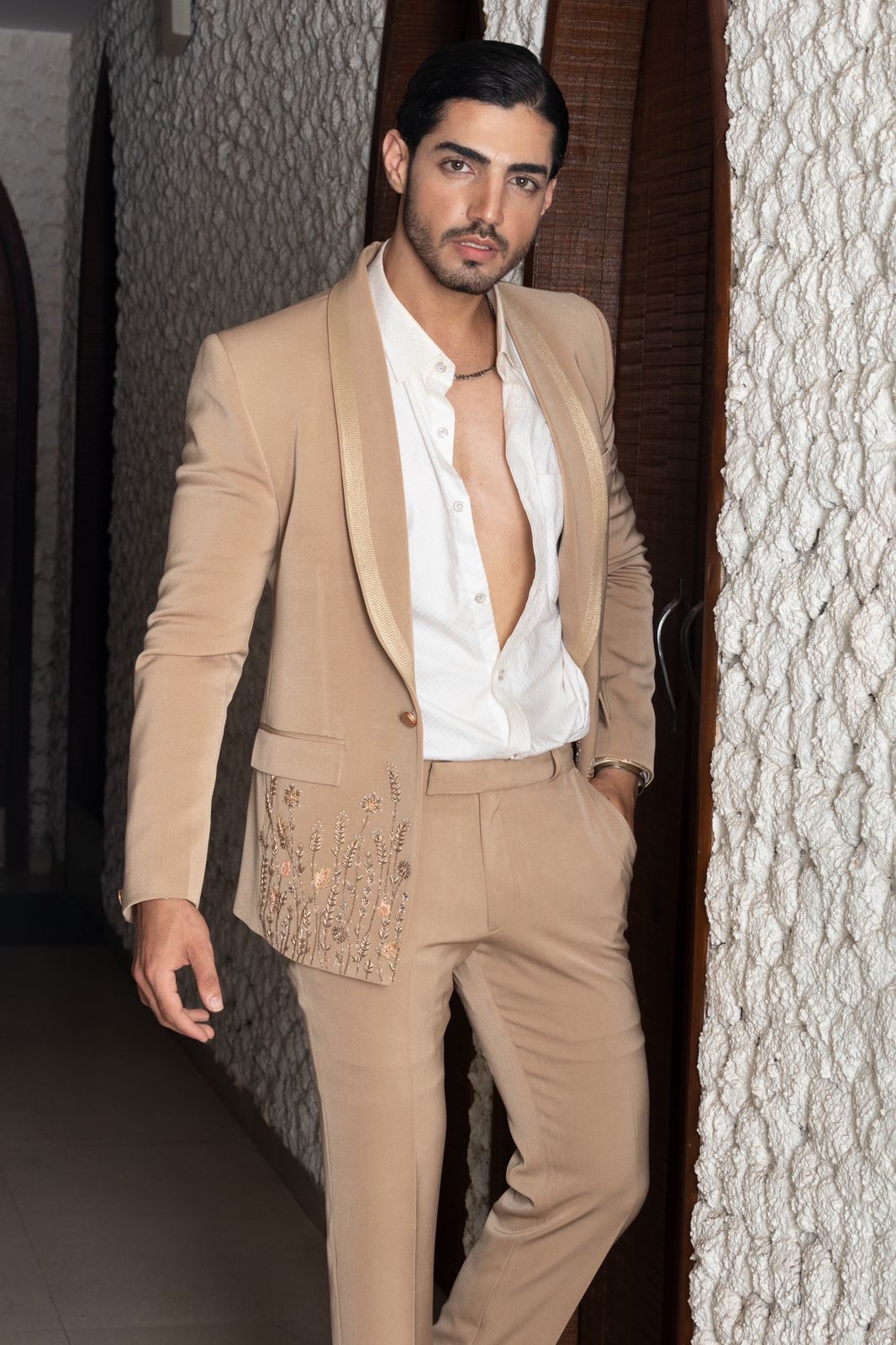 Beige Embroidered Tuxedo Set