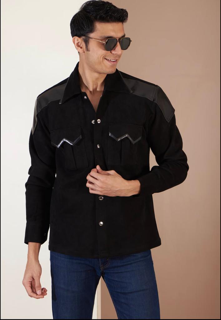Cool Black Suede Leather Patchwork Jacket