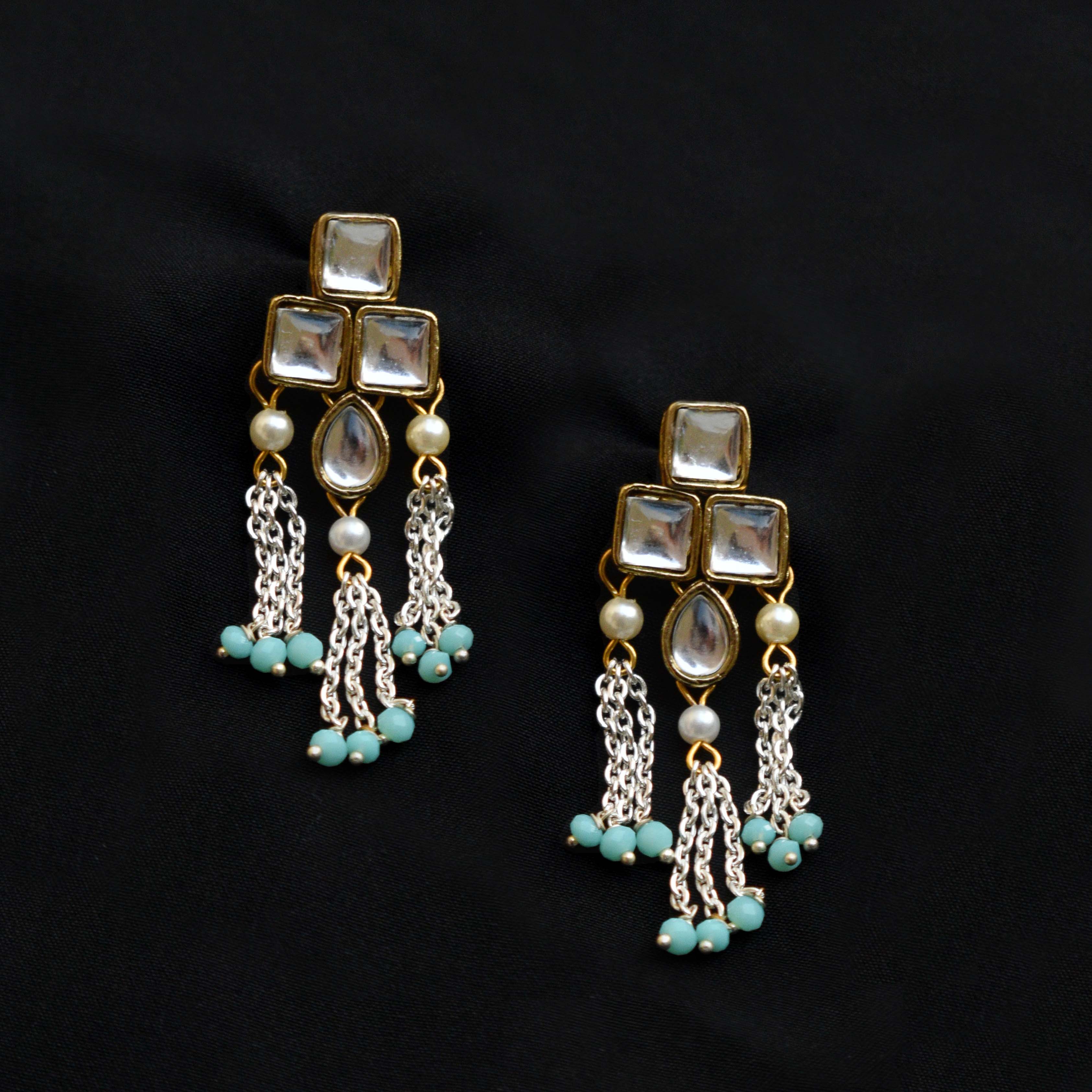Silver Drop Chain & Kundan Earrings