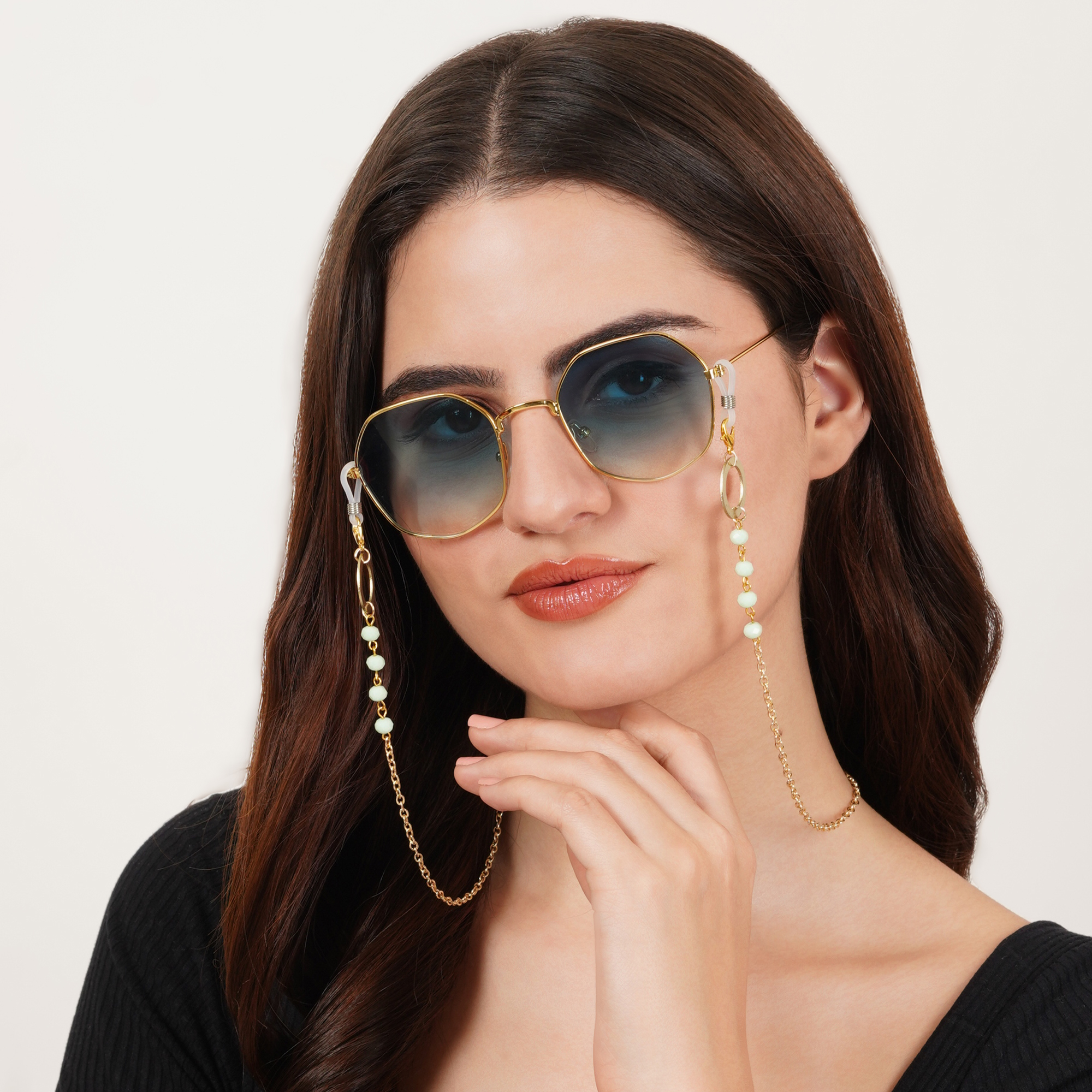 Green Beads With Golden Ring Spectacles/Air Pods Chain