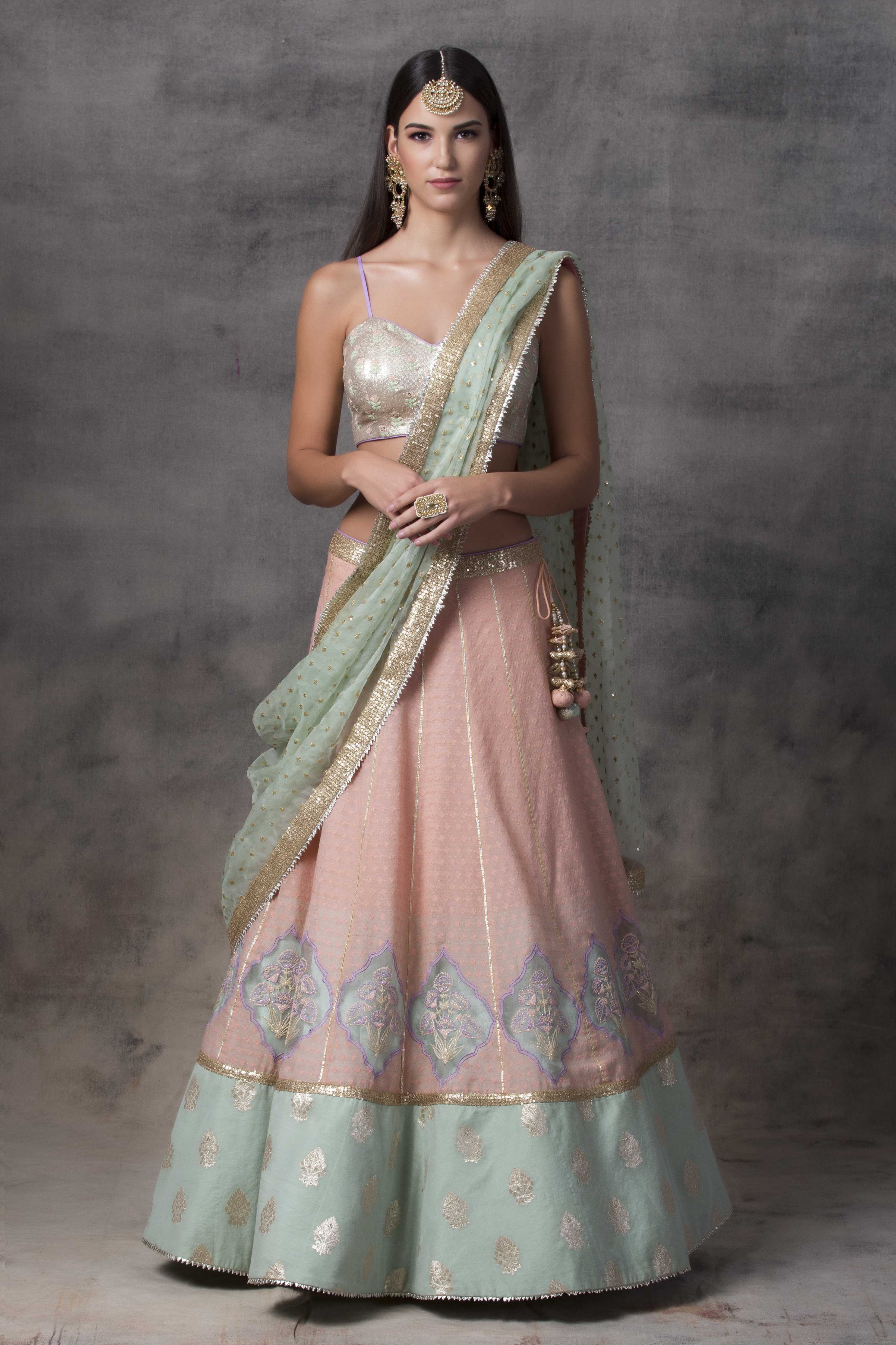 Peach Lehenga with Bottom Hem, Paired with Choli with Organza Dupatta (Set of 3)