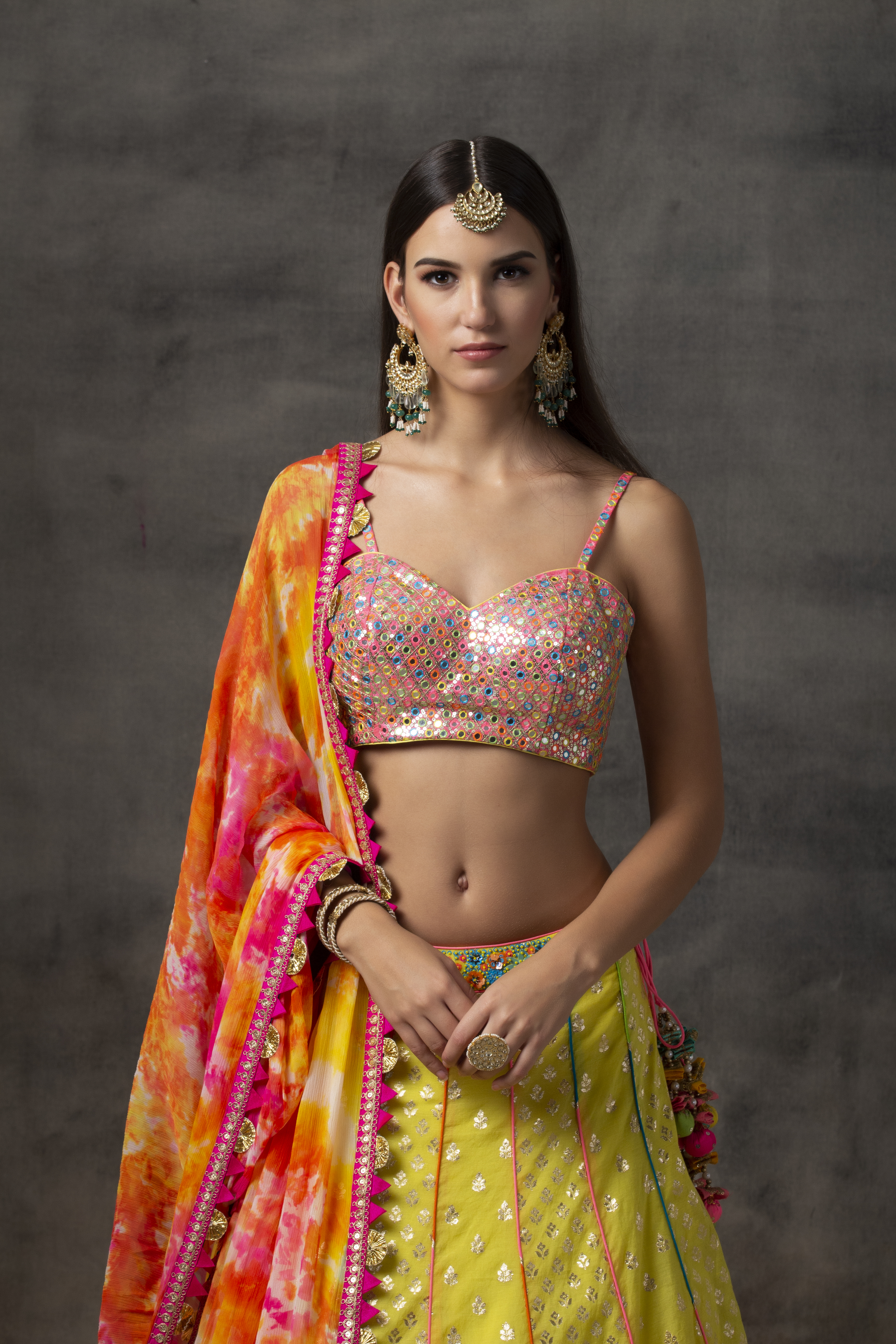 Yellow Lehenga with Rainbow Mirror Work Choli with Tie and Dye Dupatta (Set of 3)