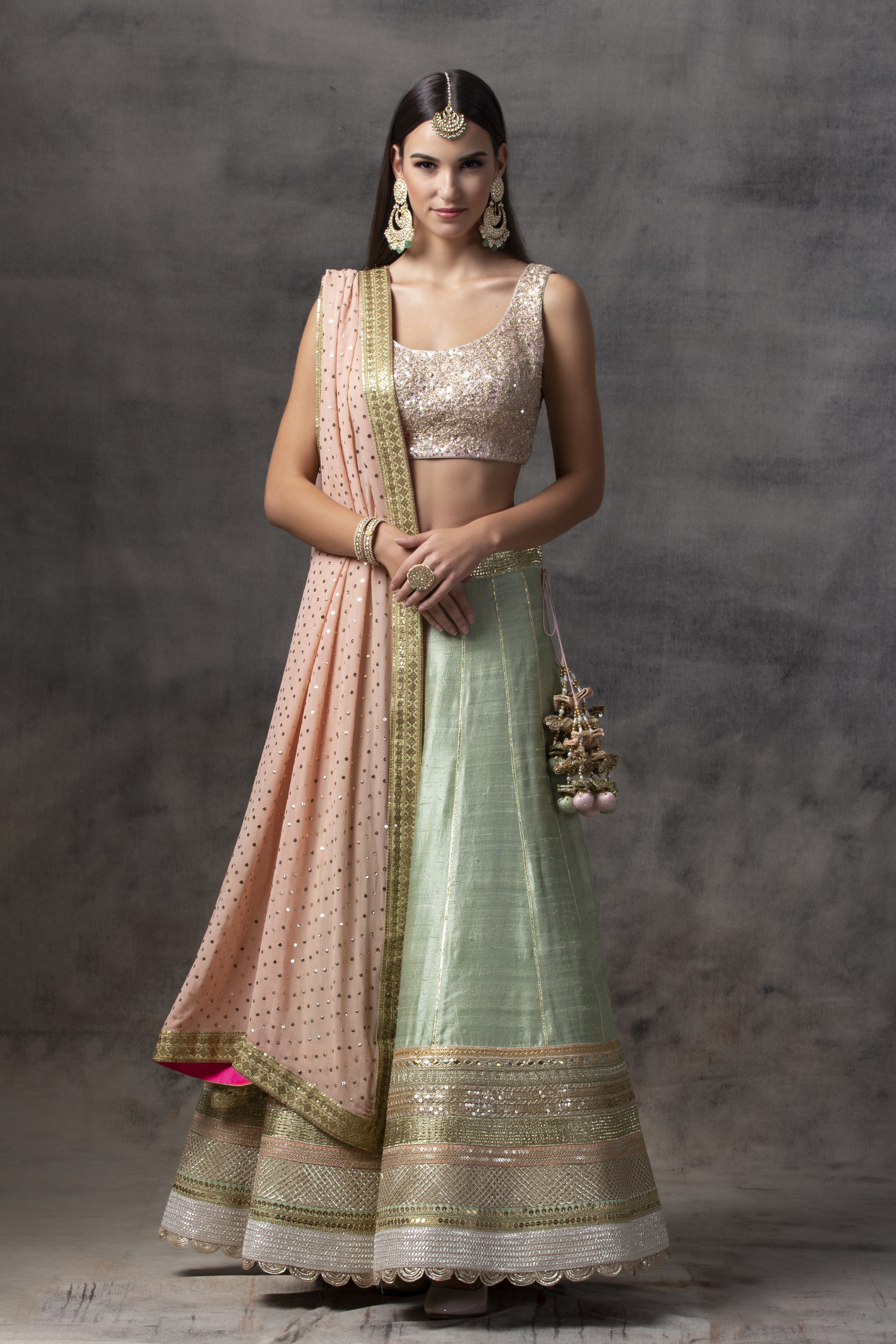 Mint Green Lehenga with Peach Choli and Dupatta (Set of 3)