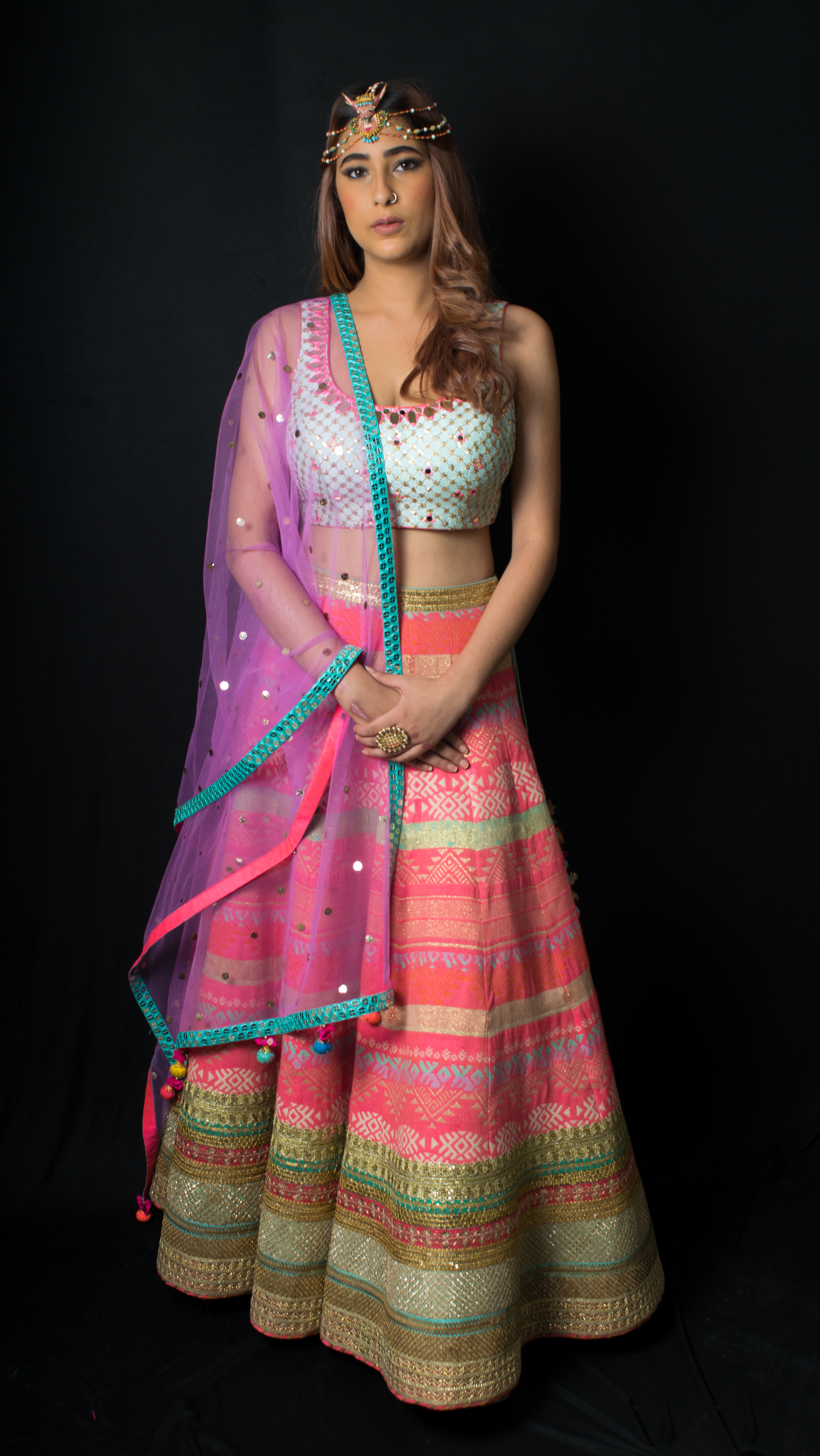 Multi-Coloured Woven Lehenga with Mirror Work Choli and Dupatta (Set of 3)