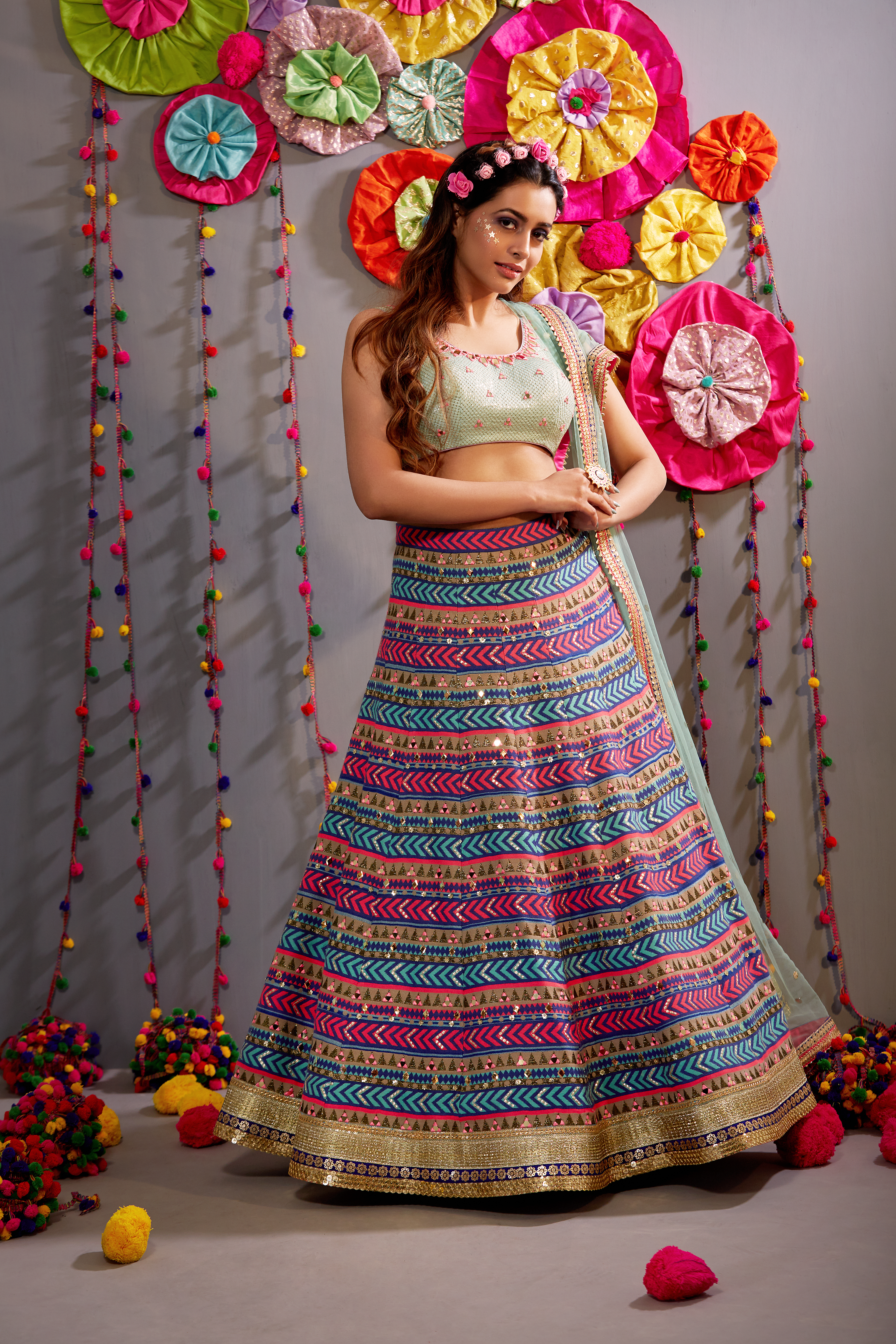 Multi-Color Embroidered Lehenga with Mirror Work Choli and Dupatta (Set of 3)