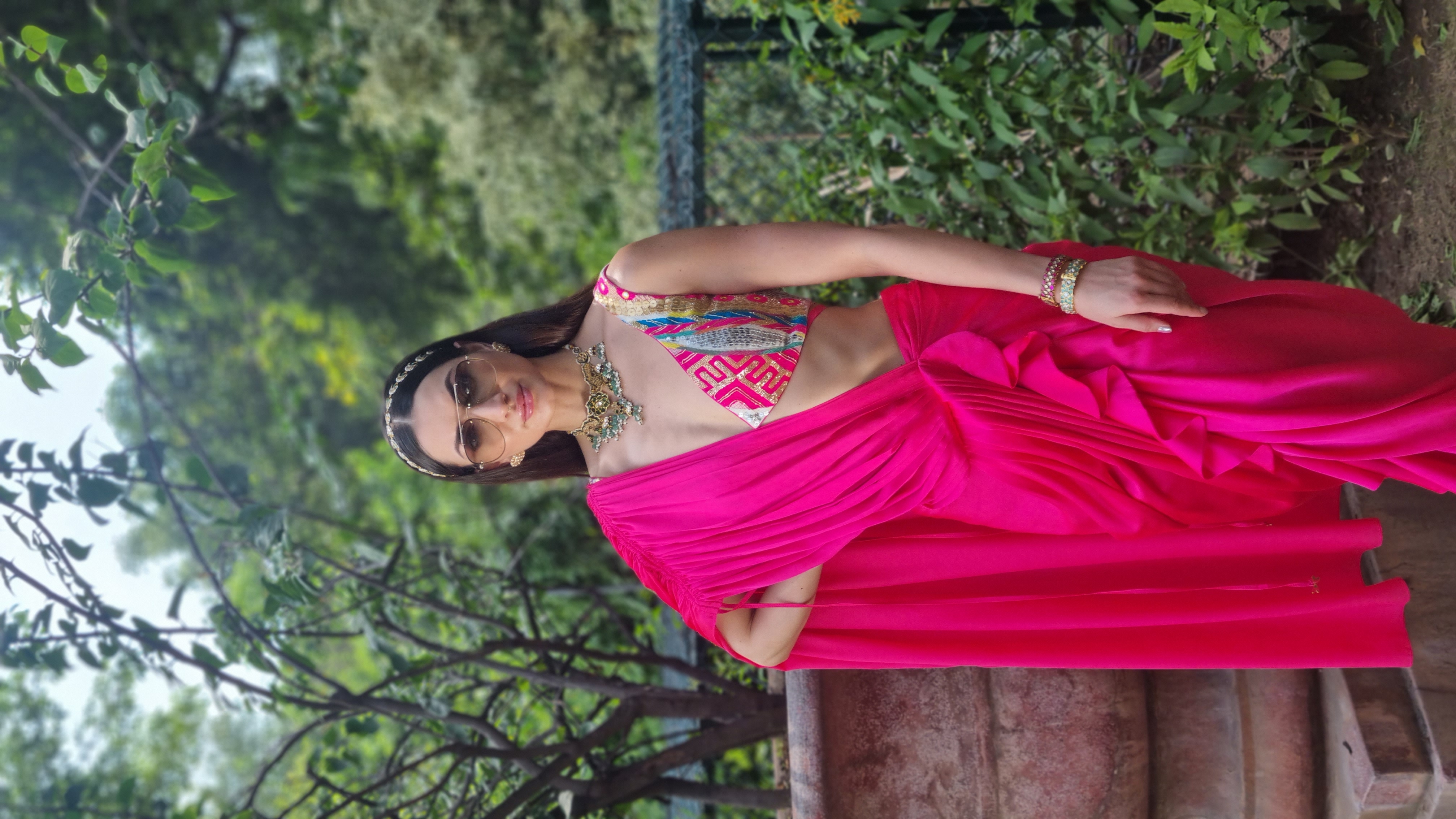 Modal Satin Pre-Drape Saree with Sequience Work Stitched Blouse
