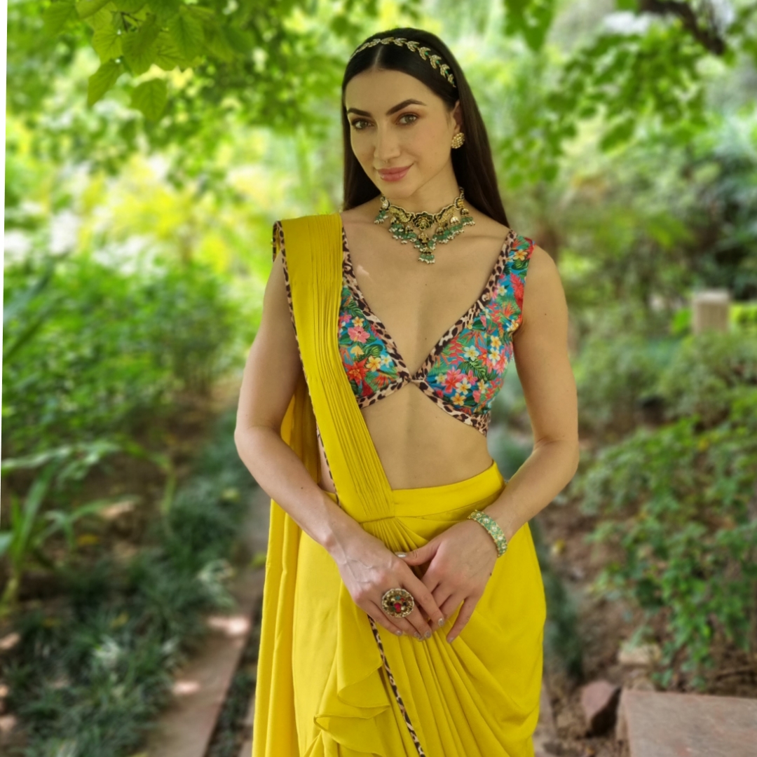 Satin Chiffon Pre-Draped Saree with Printed Stitched Blouse