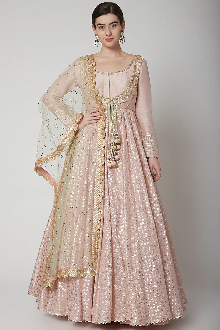 Silk Chander Anarkali Kurta with Gota Patti & Zardozi Work Dupatta (Set of 2)