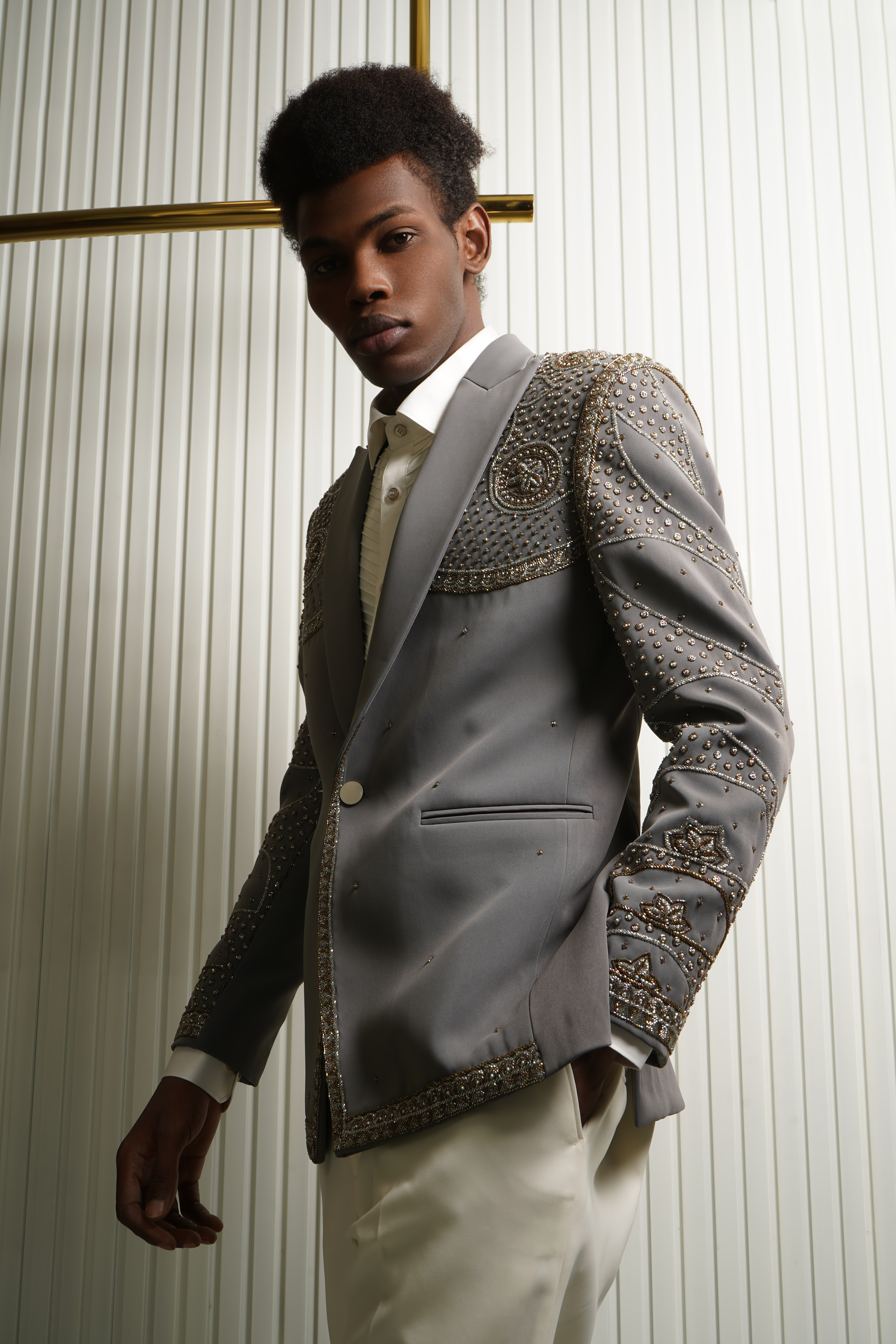 Grey Embellished Tuxedo Set