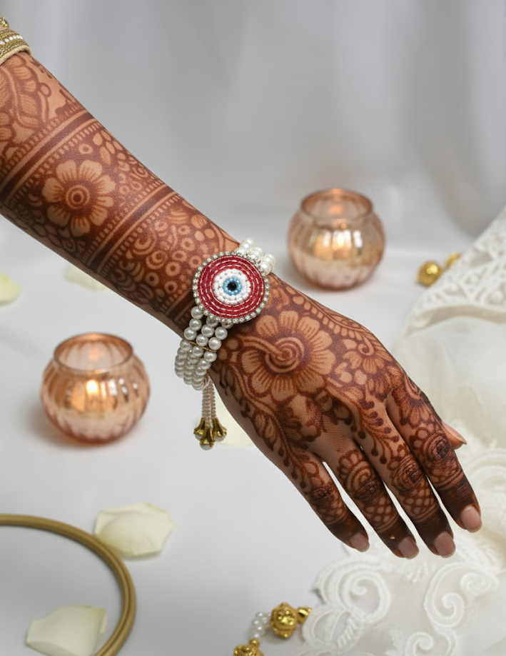Red Triple Pearl Strand Evil Eye Bracelet