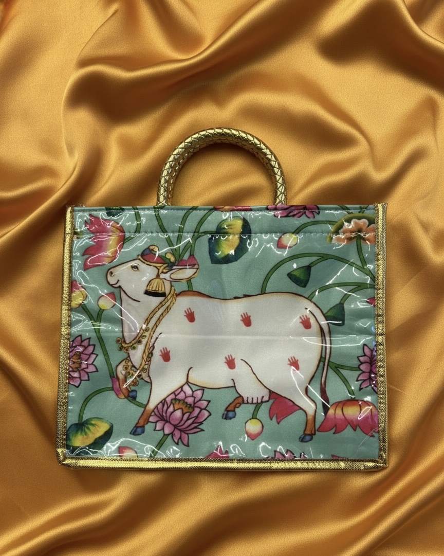 Green Cow Print Pooja Bag