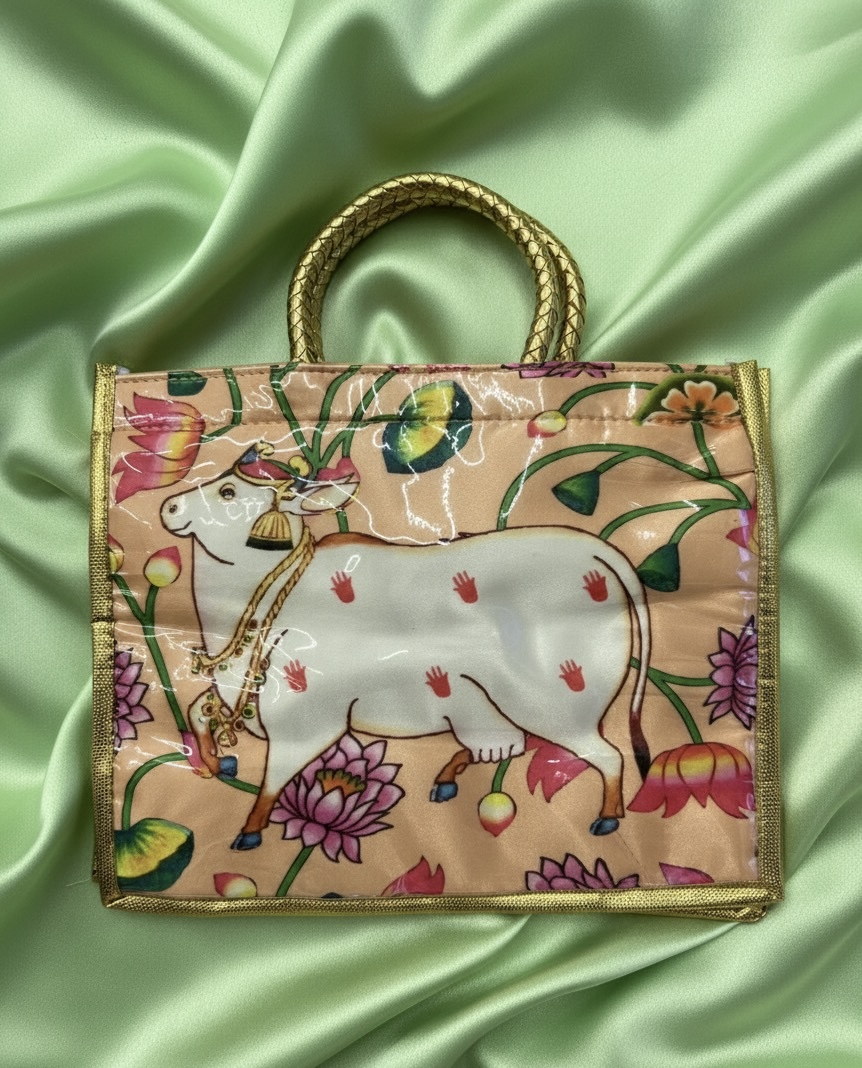 Peach Cow Print Pooja Bag