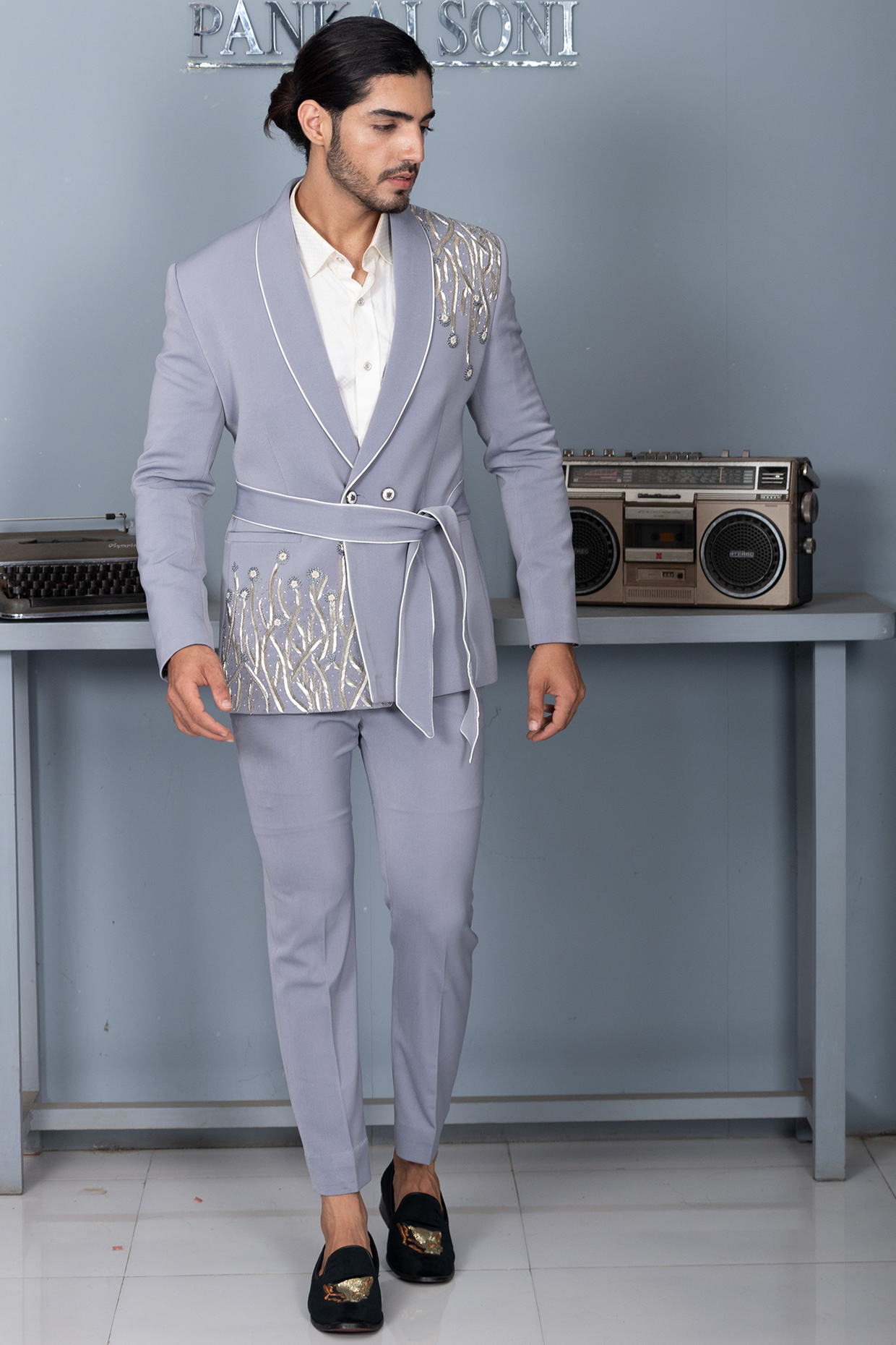 Grey Embroidered Tuxedo Set