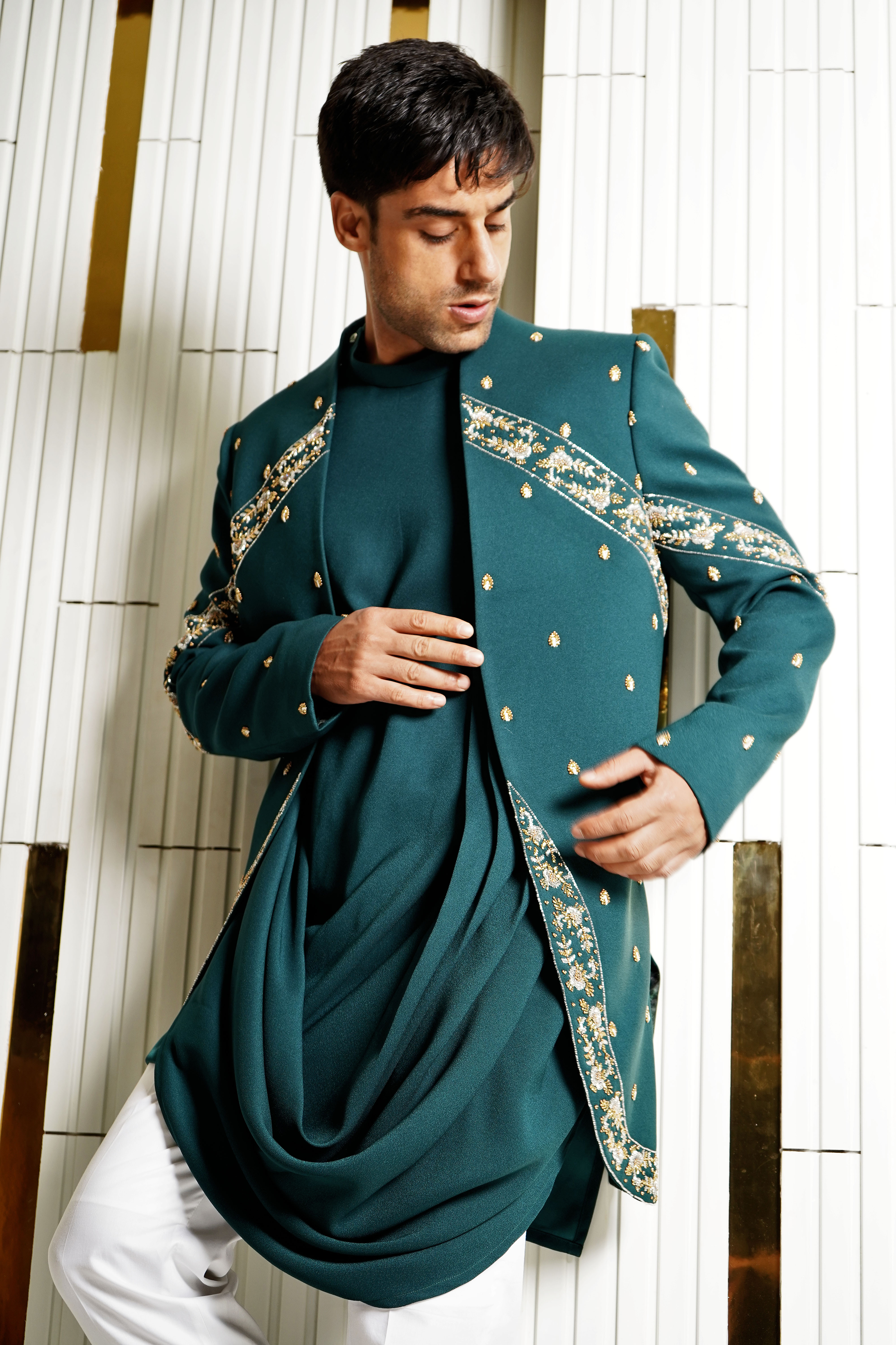 Teal Green Poly Beads & Cutdana Embellished Asymmetric Indowestern Jacket Set
