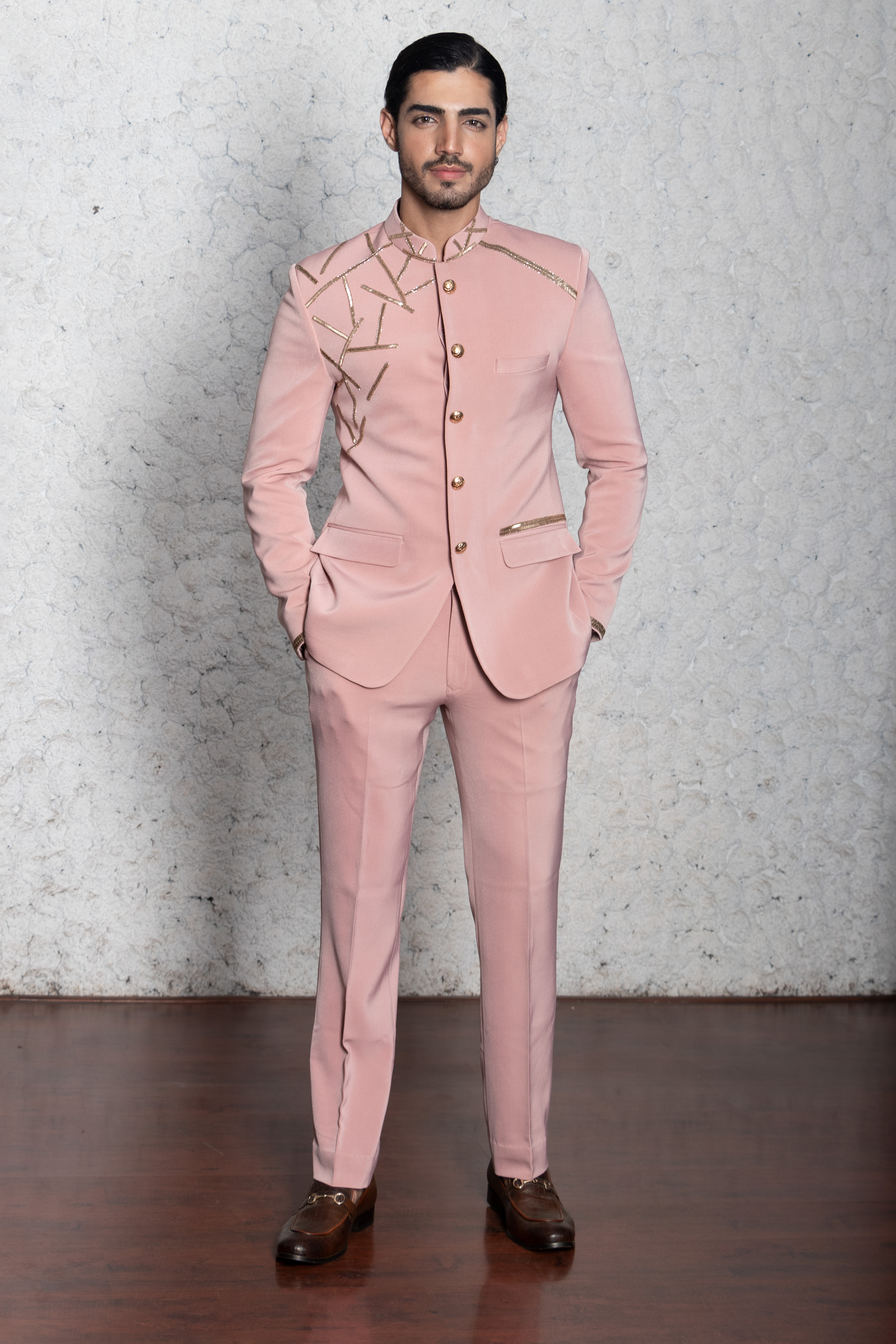 Pink Embroidered Bandhgala Set