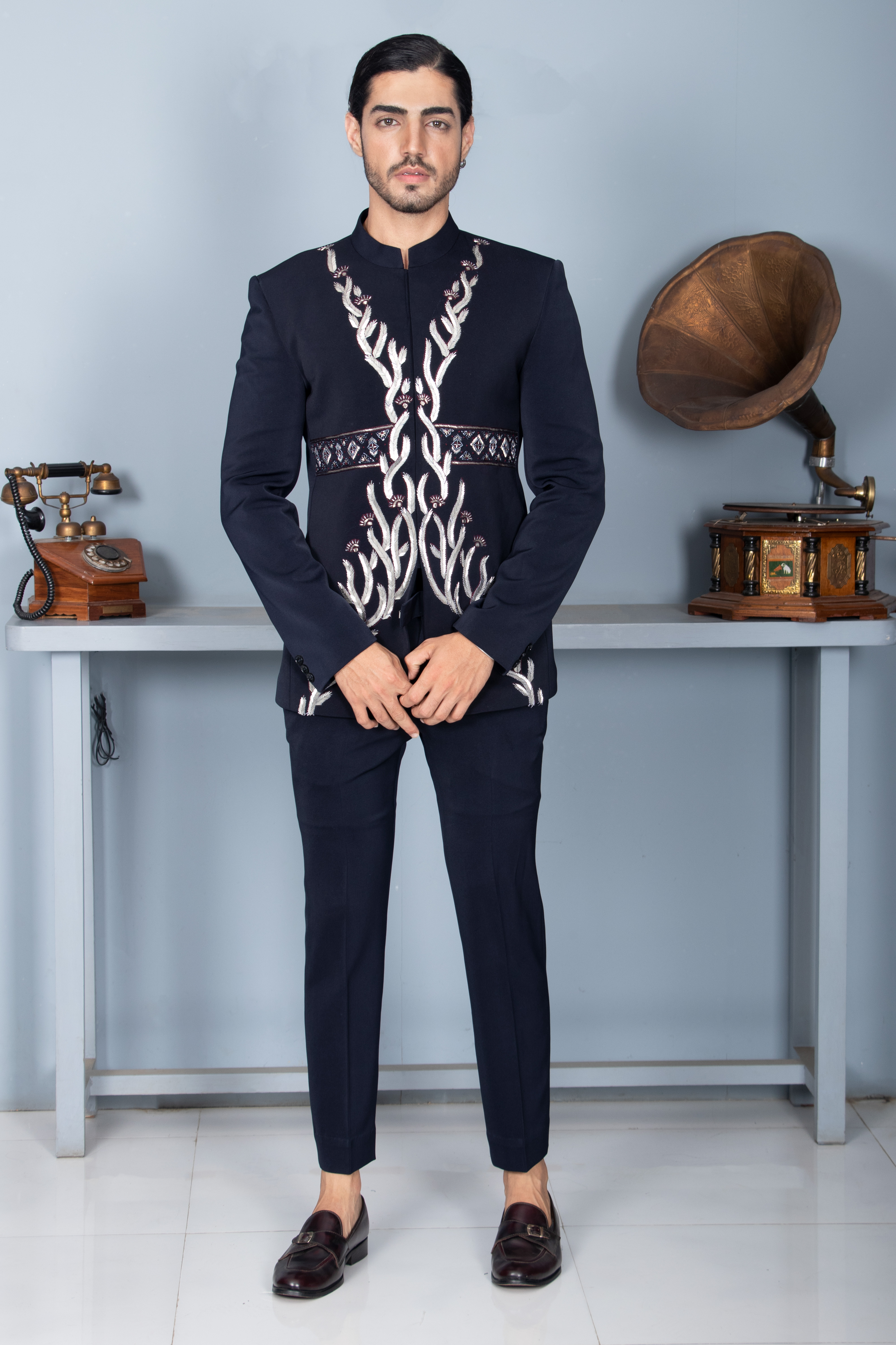 Navy Blue Crepe Bandhgala Set