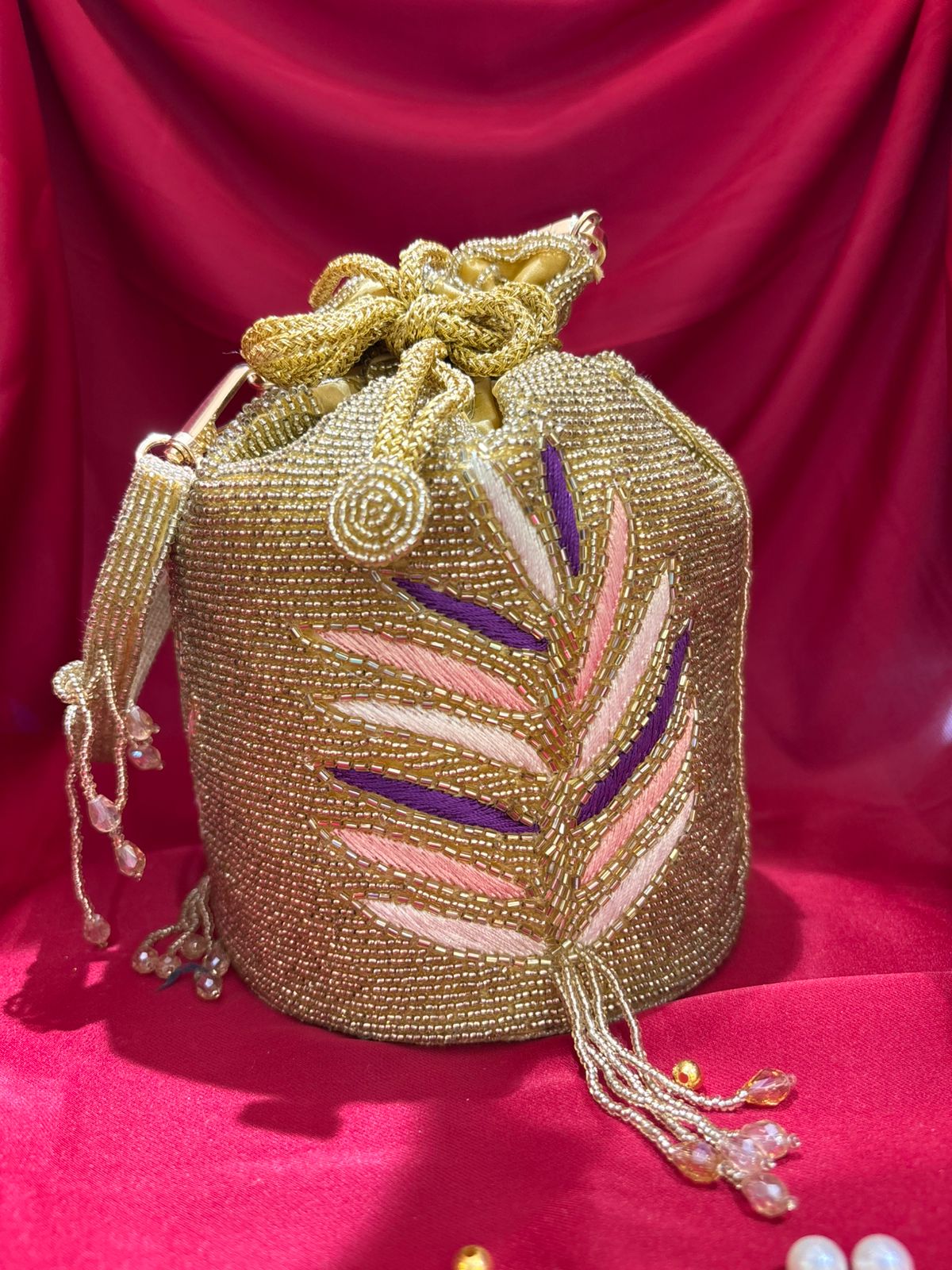 Golden Leaf Embroidered Potli Bag