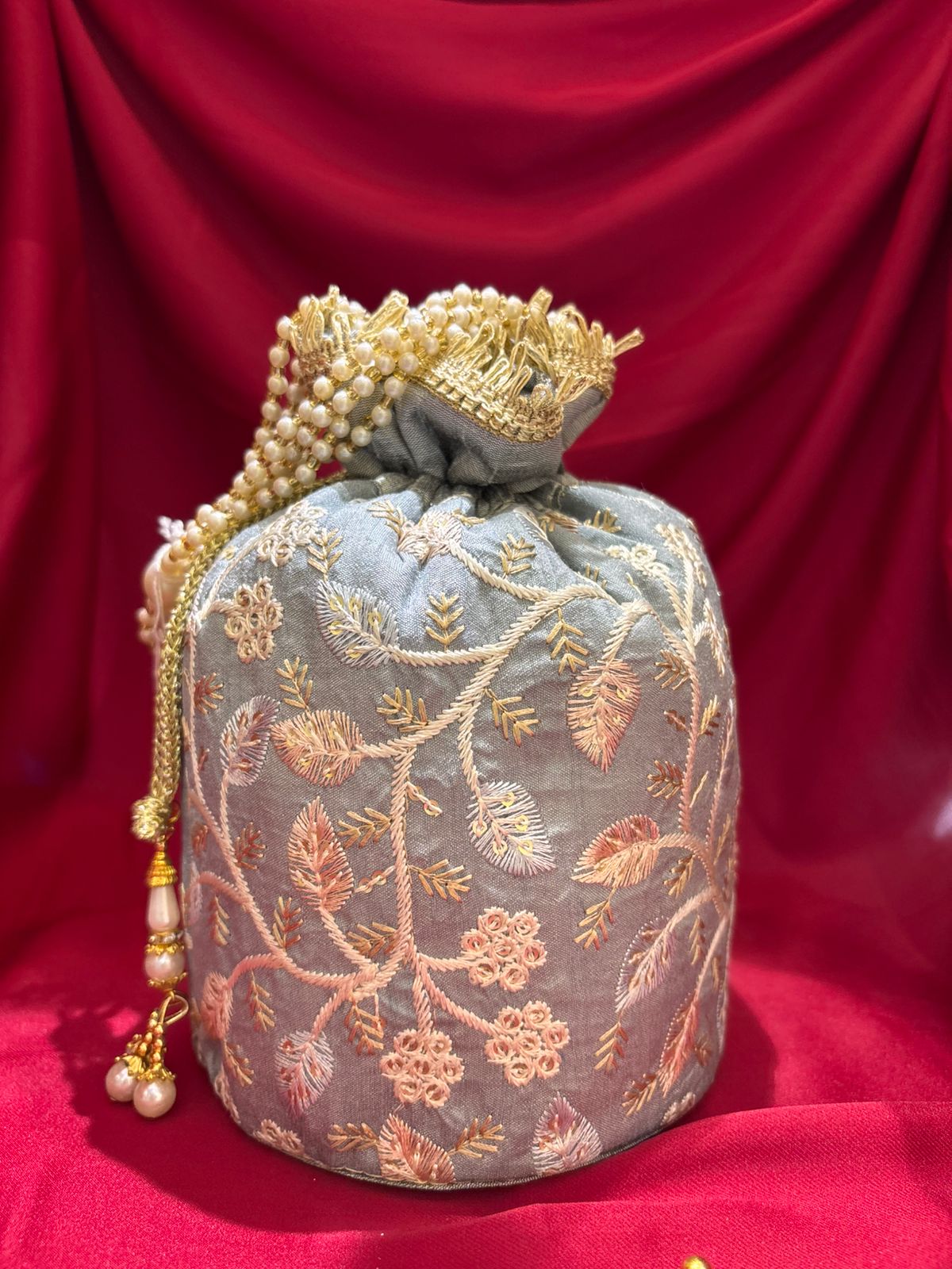 Blueish Grey Floral Embroidered Potli Bag
