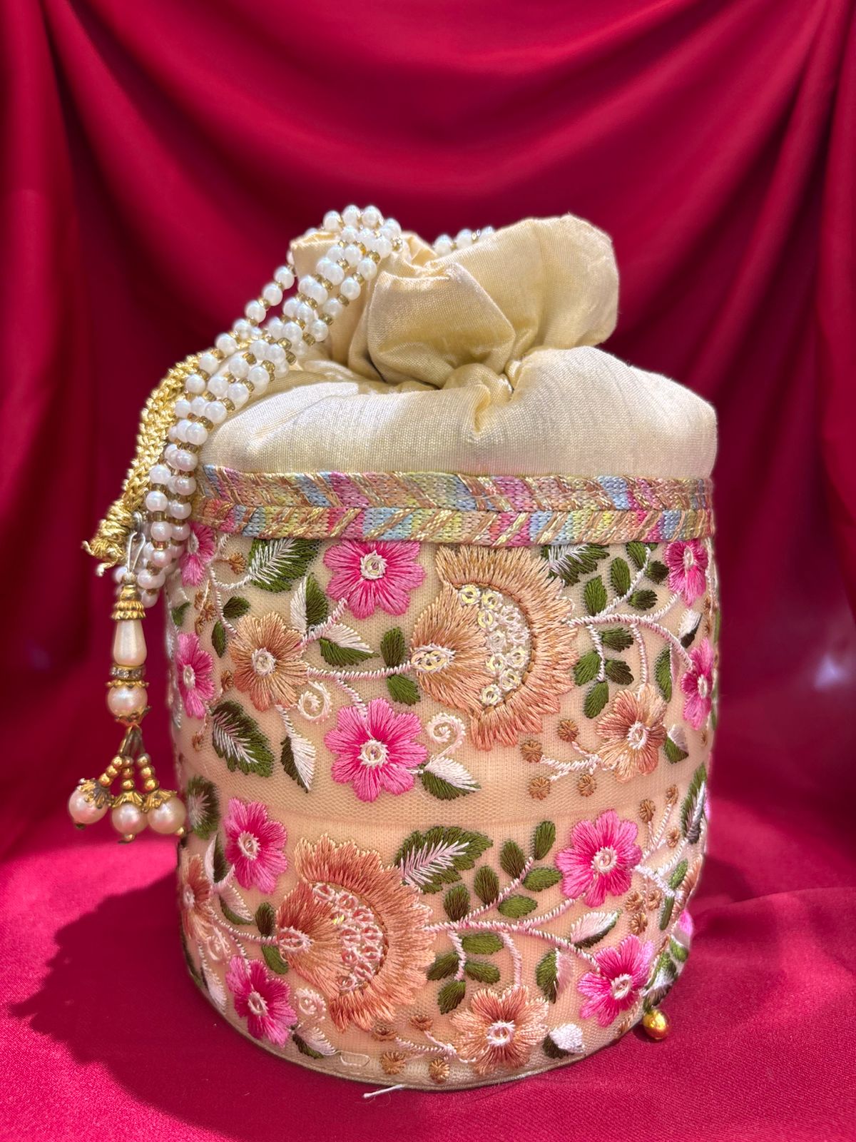 Cream & Pink Floral Embroidered Potli Bag