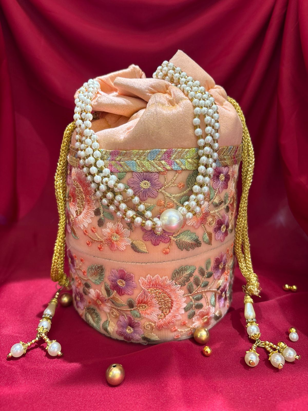 Peach & Lilac Floral Embroidered Potli Bag
