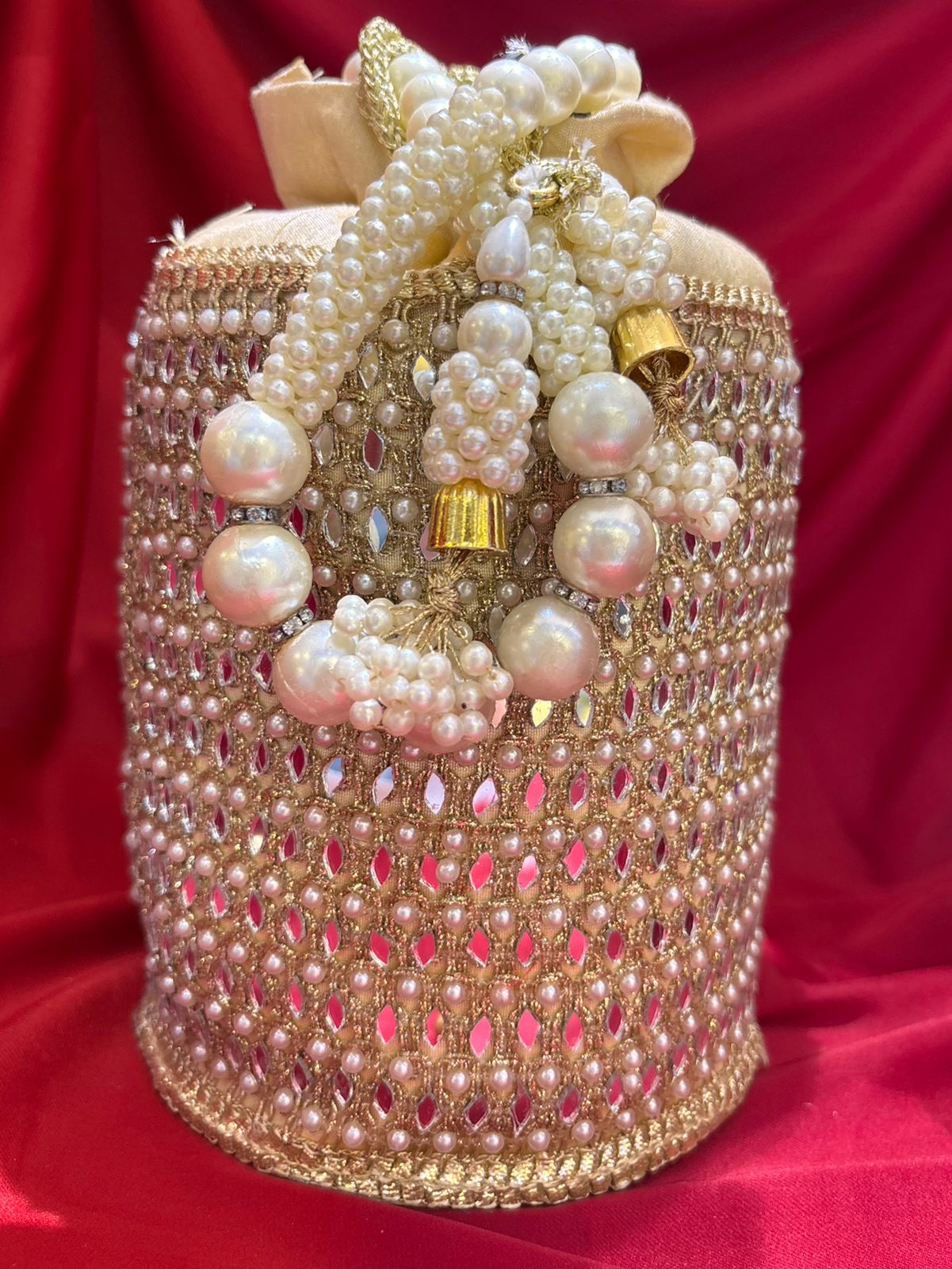 Ivory Pearl & Mirror Work Potli Bag
