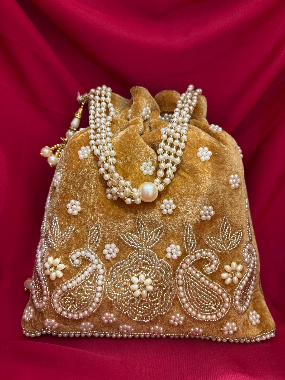 Golden Velvet Pearl Potli Bag