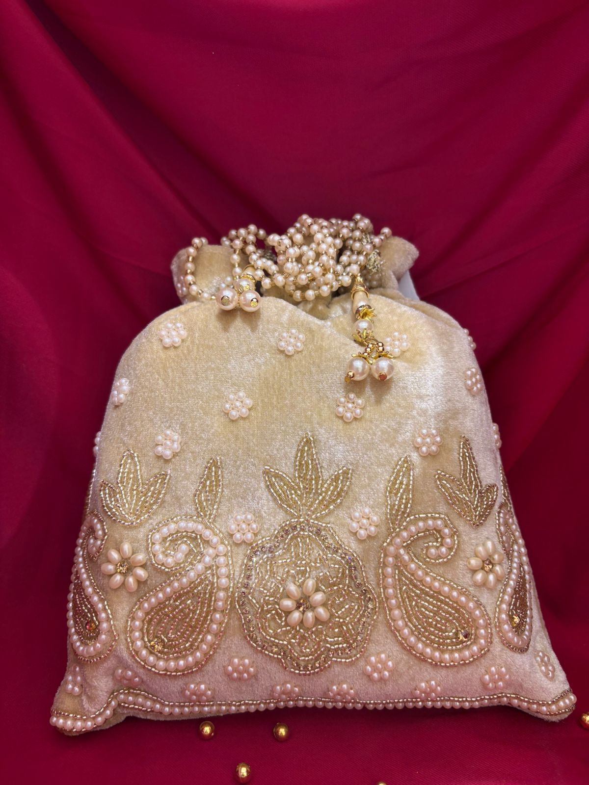 Ivory Velvet Pearl Potli Bag