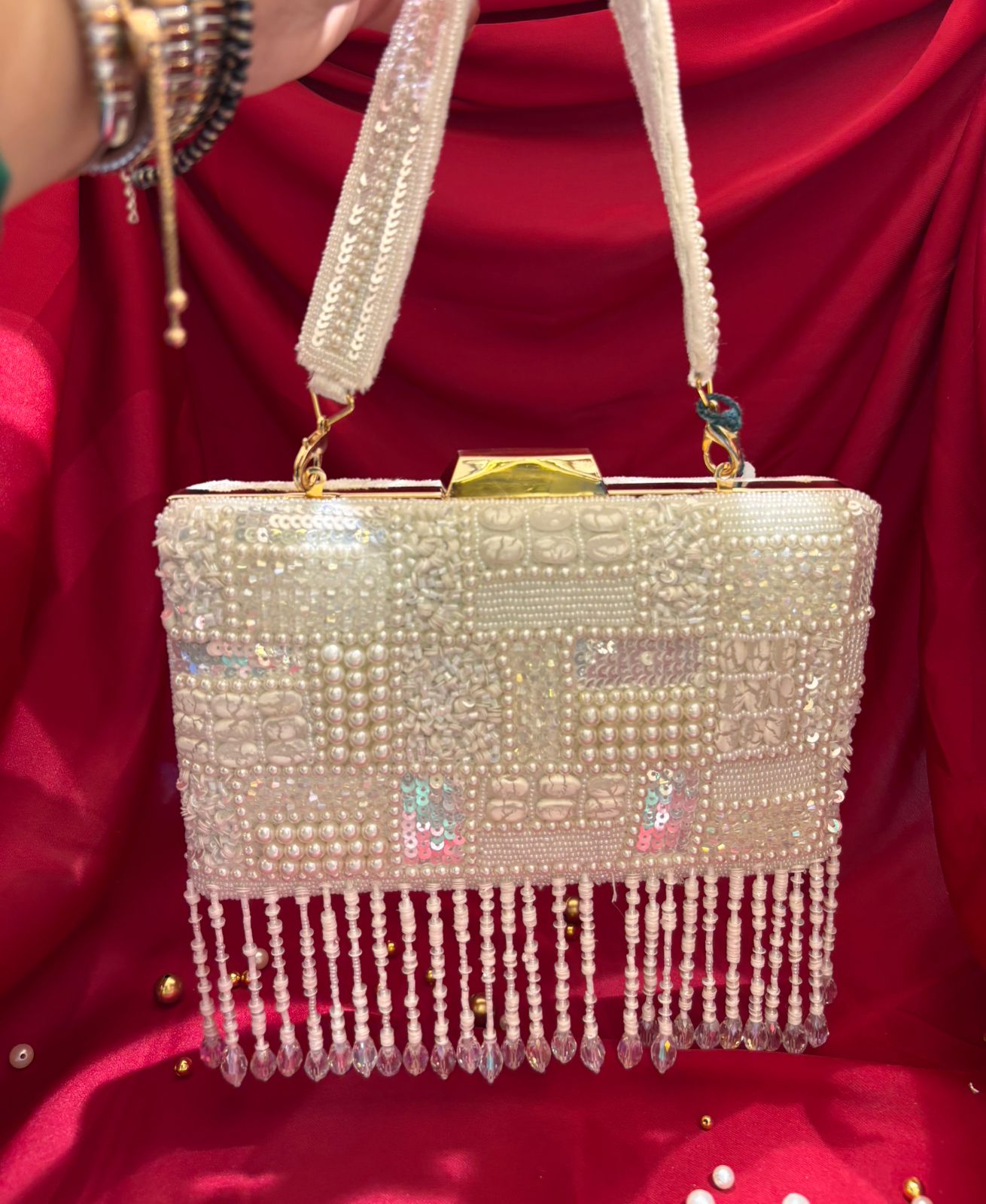 Crystal Fringe Pearl Clutch Bag