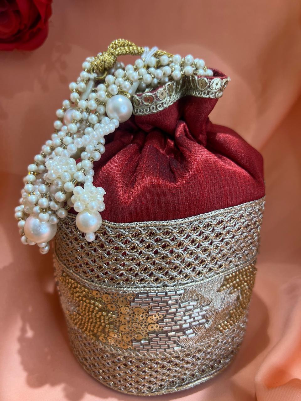 Maroon & Gold Cylindrical Potli Bag
