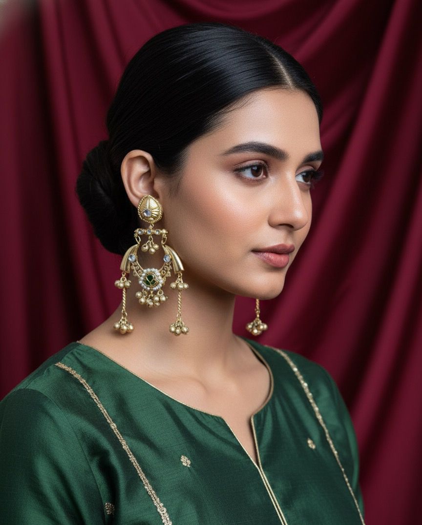 Green Meenakari Chand Earrings
