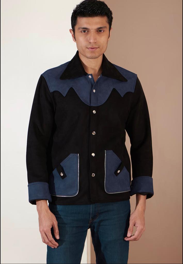 Black Suede Leather Patchwork Jacket